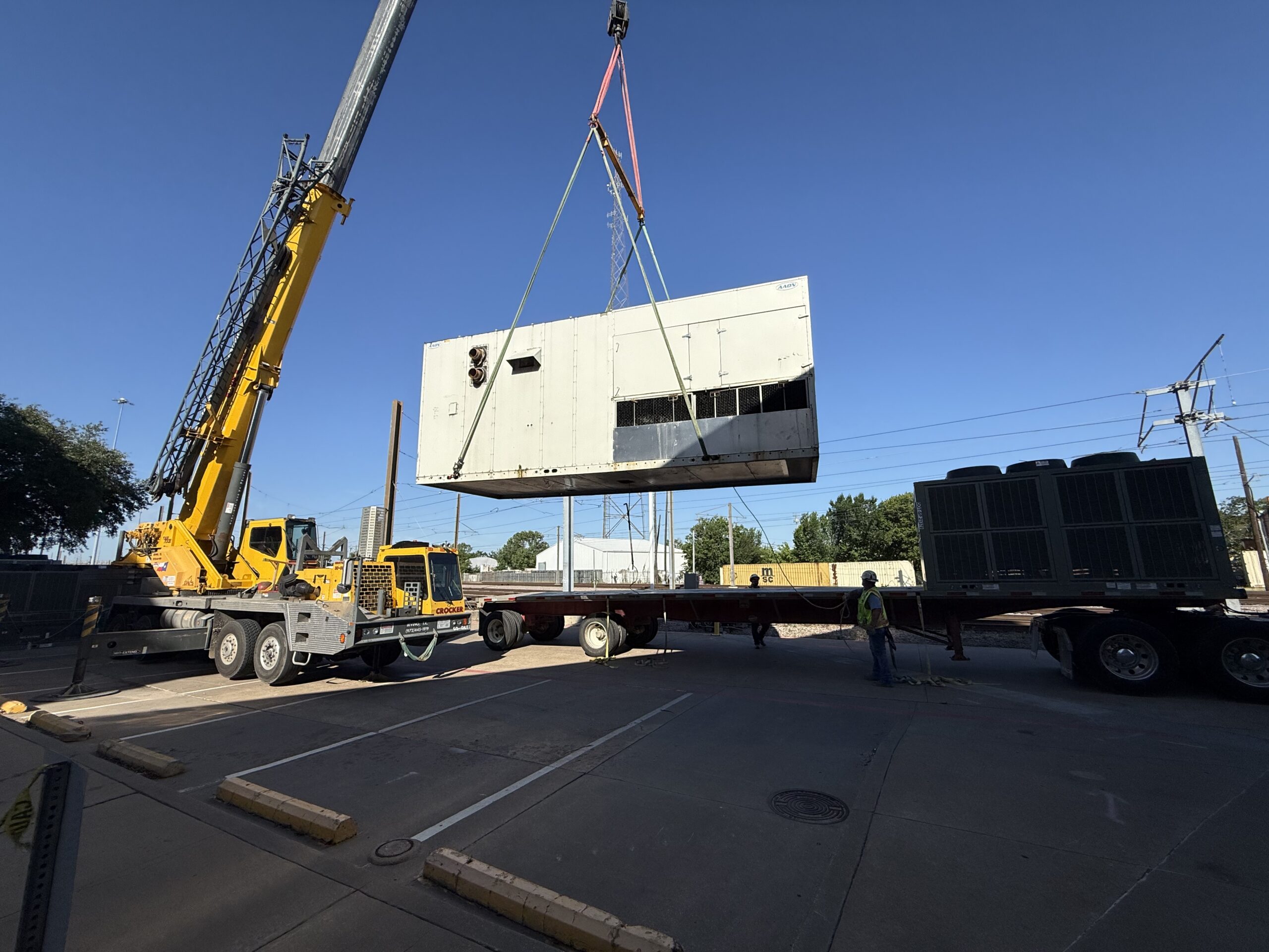 Commercial HVAC equipment replacement with crane and rigging in Dallas-Fort Worth